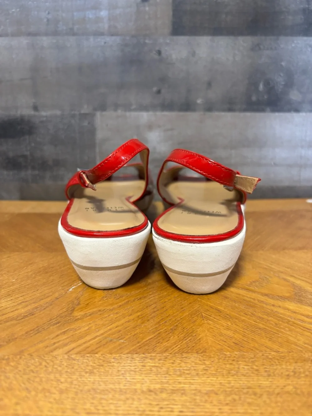 Stuart Weitzman Red Patent Peep-Toe Slingback Wedges - Picture 3 of 6
